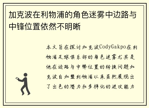 加克波在利物浦的角色迷雾中边路与中锋位置依然不明晰